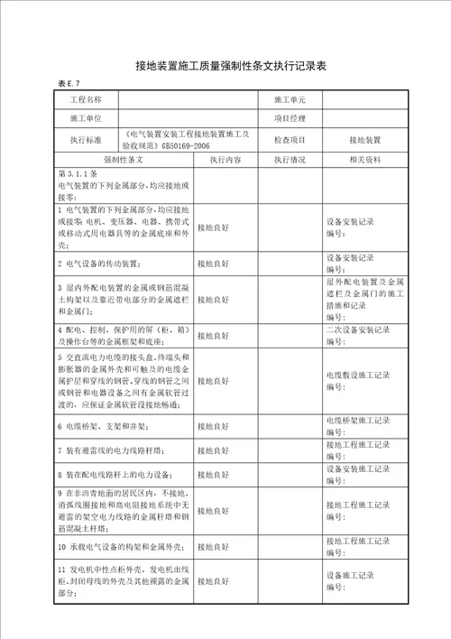 变电站电气工程质量强制性条文执行记录表(附录E)