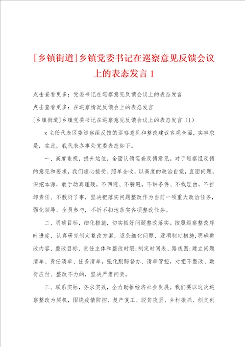 乡镇街道乡镇党委书记在巡察意见反馈会议上的表态发言1