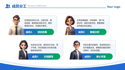 成员分工-蓝绿色商务风4项线框成员分工PPT单页