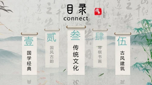 绿色黑白灰中国风水墨风简约中国传统文化科普国学简约PPT模板