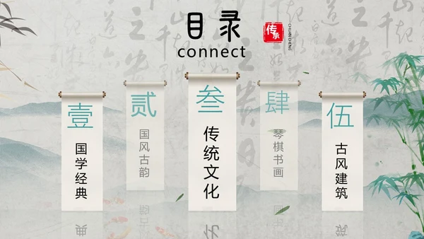 绿色黑白灰中国风水墨风简约中国传统文化科普国学简约PPT模板