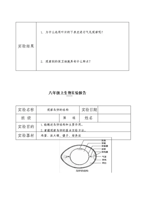 初中生物实验报告单(八年级苏科版)