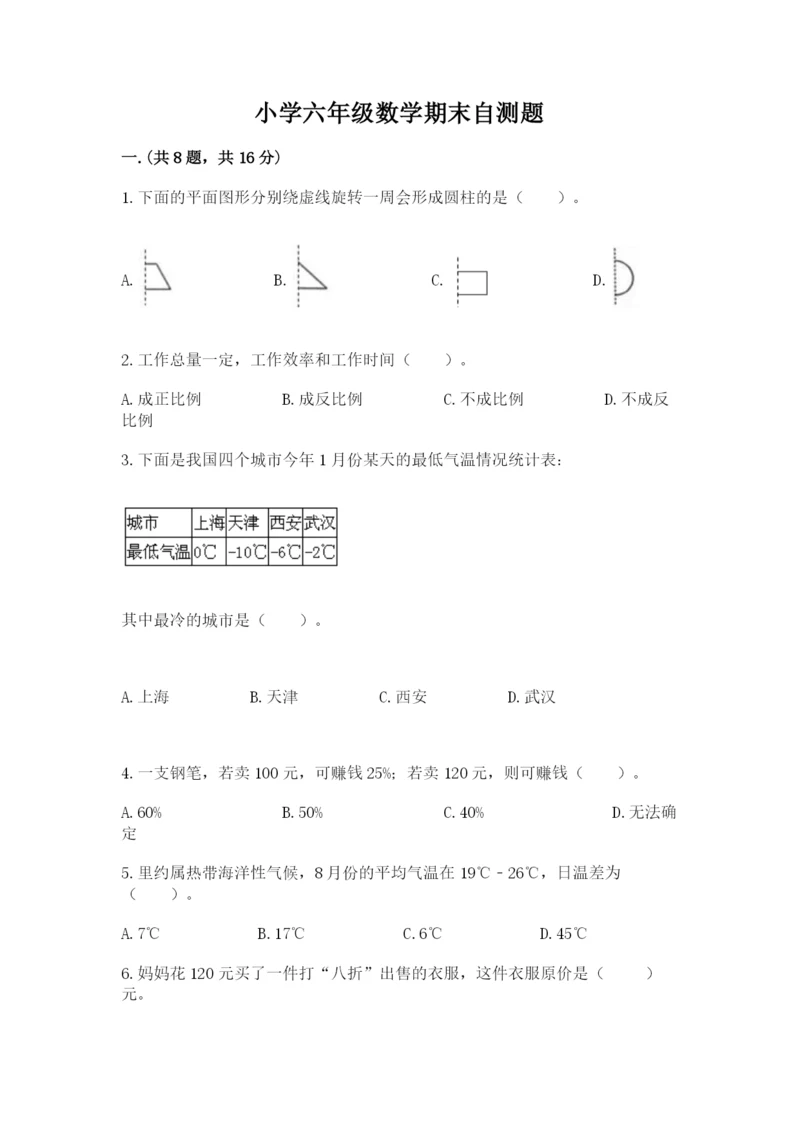 小学六年级数学期末自测题附参考答案（培优）.docx