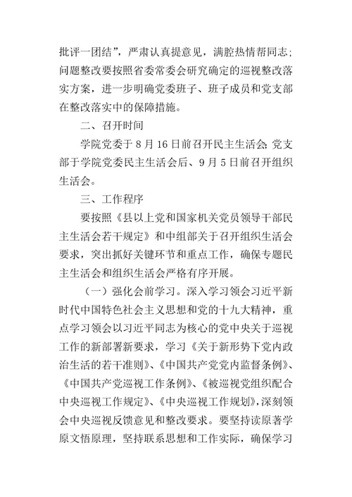 学院委员会巡视整改专题民主生活会、组织生活会工作方案