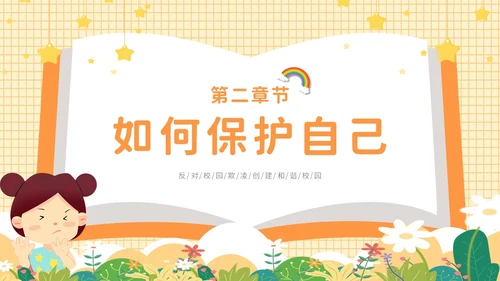 黄色卡通可爱保护自己勇敢说不幼儿园防校园欺凌主题PPT模板