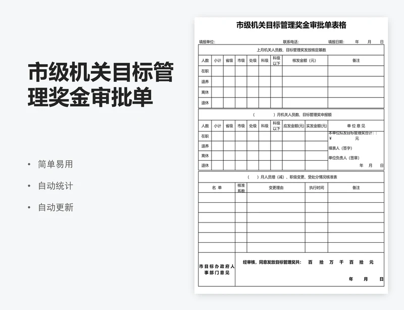市级机关目标管理奖金审批单