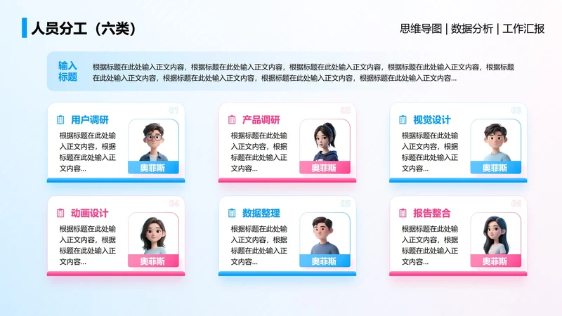 人员分工-蓝粉色简约风项目汇报关系页PPT单页