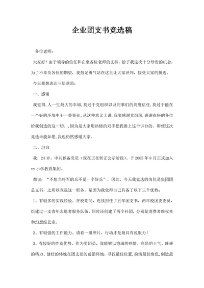 企业团支书竞选稿