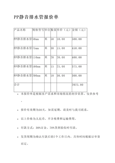 PP静音排水管报价单