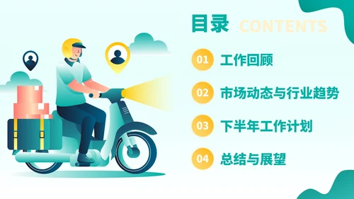 黄绿色插画风物流企业员工年中总结PPT模板
