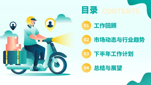 黄绿色插画风物流企业员工年中总结PPT模板