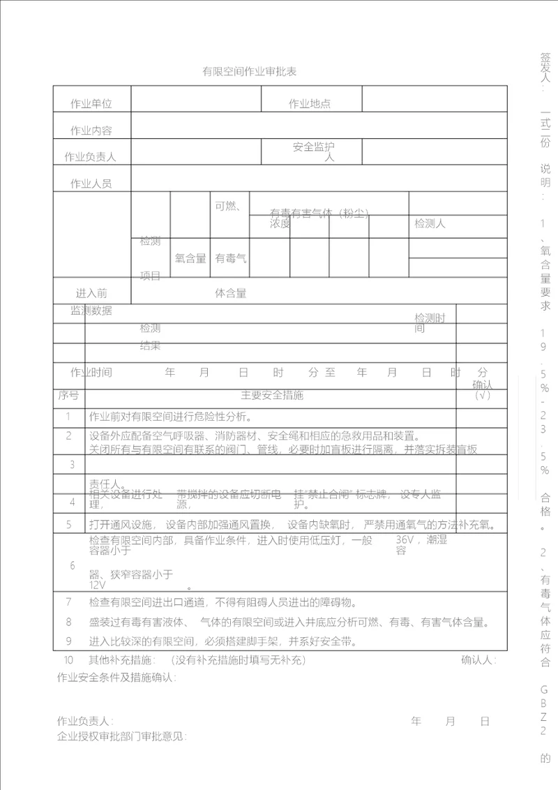 有限空间作业审批表