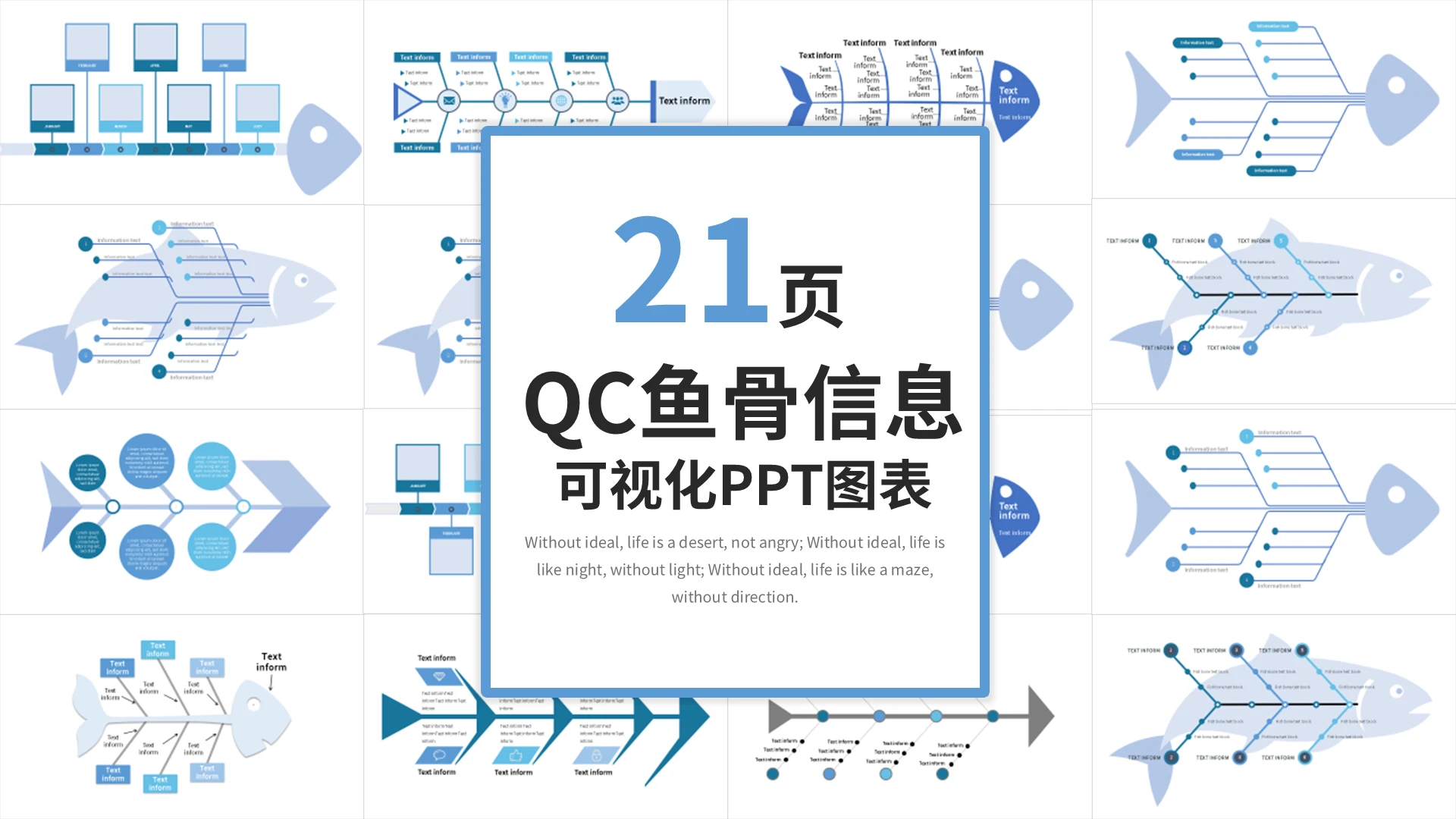 蓝色简约QC鱼骨信息可视化PPT图表PPT模板宣传PPT动态鱼骨图