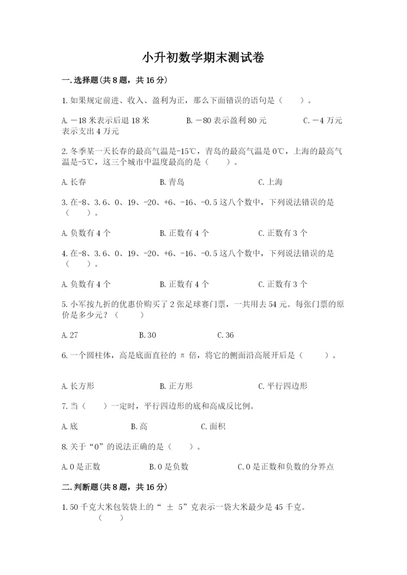 小升初数学期末测试卷（名师系列）.docx