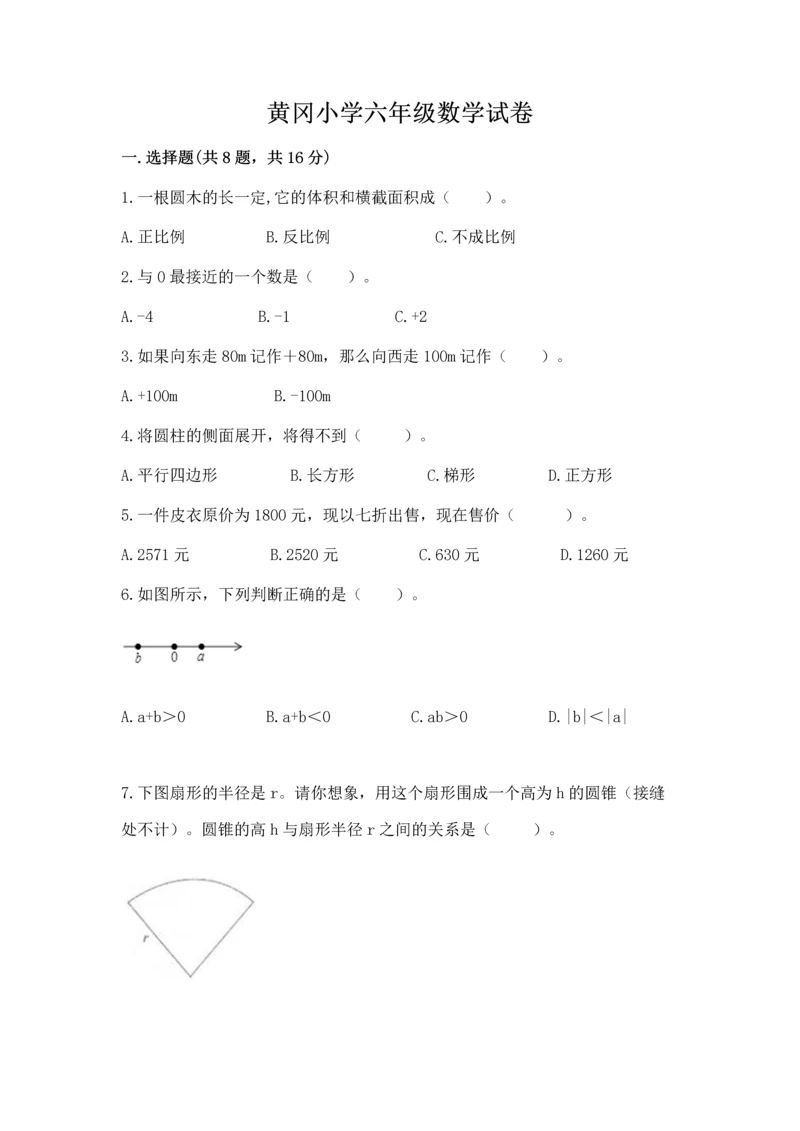 黄冈小学六年级数学试卷完美版.docx