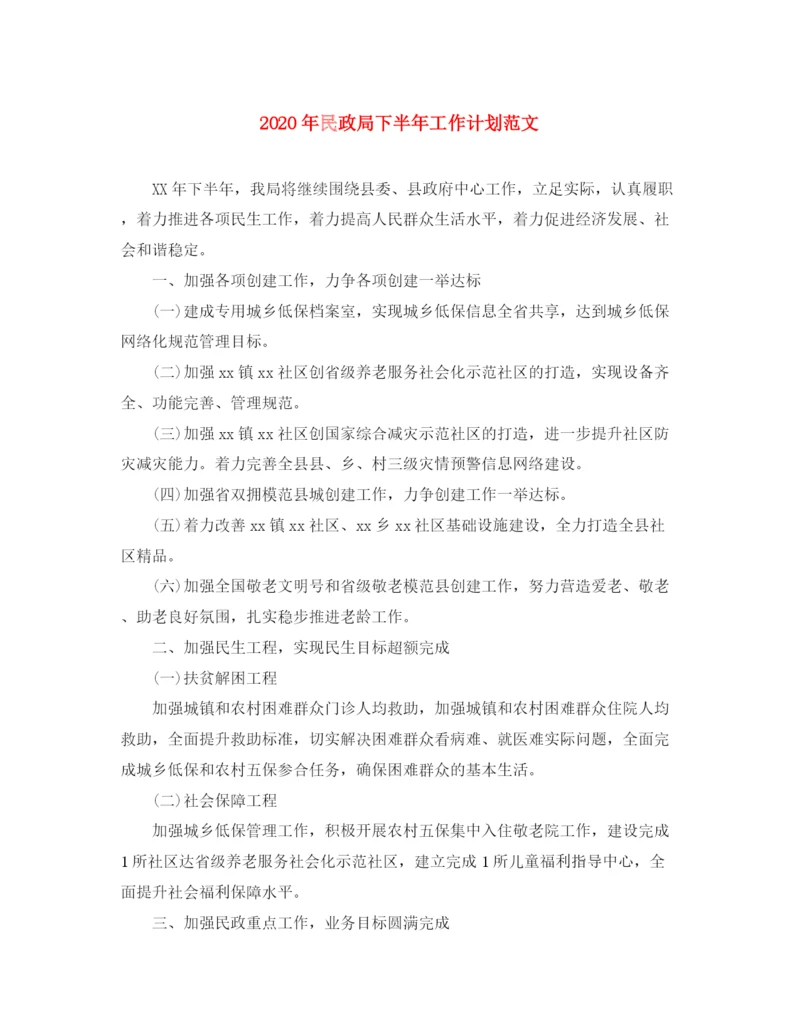 精编之年民政局下半年工作计划范文.docx