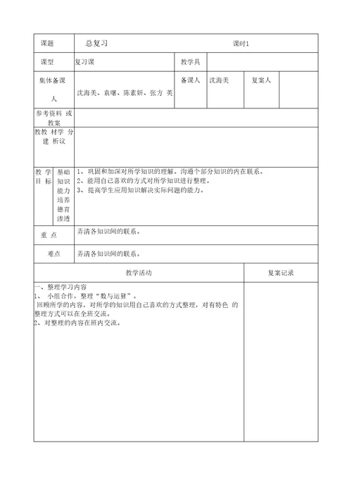 小学教师备课教案模板