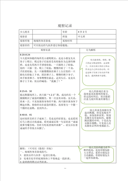 户外活动区域性体育游戏观察记录表