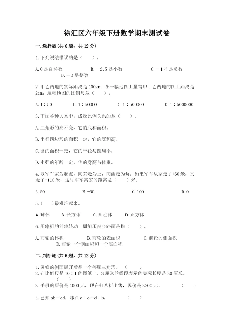 徐汇区六年级下册数学期末测试卷必考题.docx