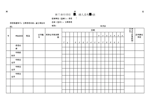 施工单位项目管理人员考勤表模板