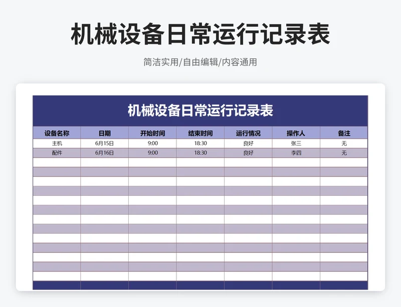 简约风机械设备日常运行记录表