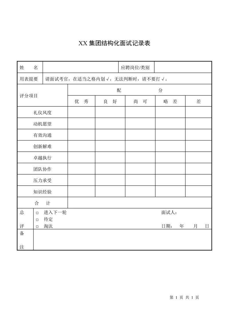 校园招聘结构化面试记录表