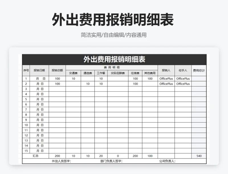 简约黑色外出费用报销明细表