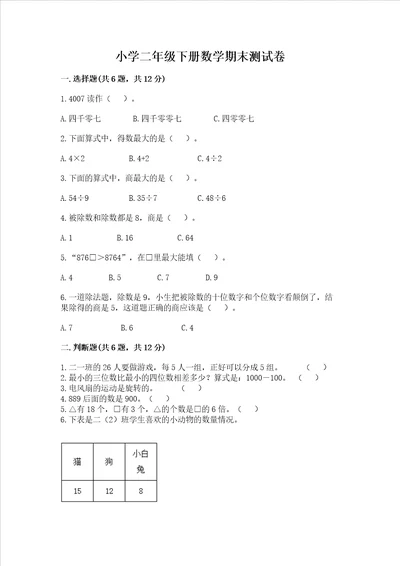 小学二年级下册数学期末测试卷带答案培优b卷