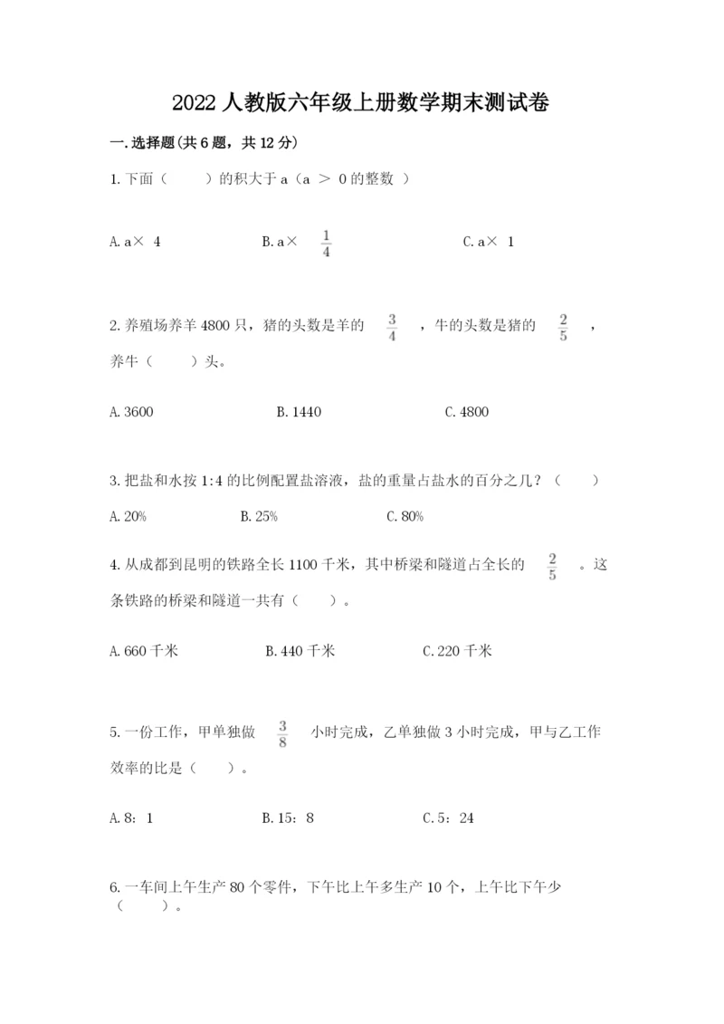 2022人教版六年级上册数学期末测试卷【各地真题】.docx