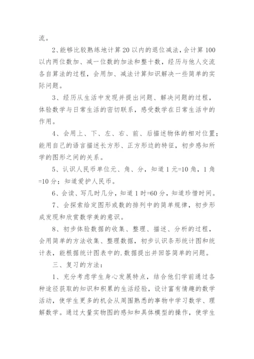 小学一年级数学下册期末复习计划.docx