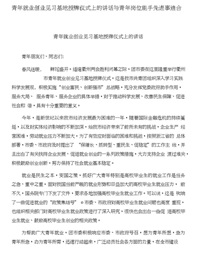 青年就业创业见习基地授牌仪式上的讲话与青年岗位能手先进事迹合集