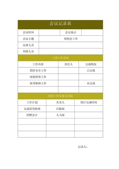 周工作总结会议记录表word模板