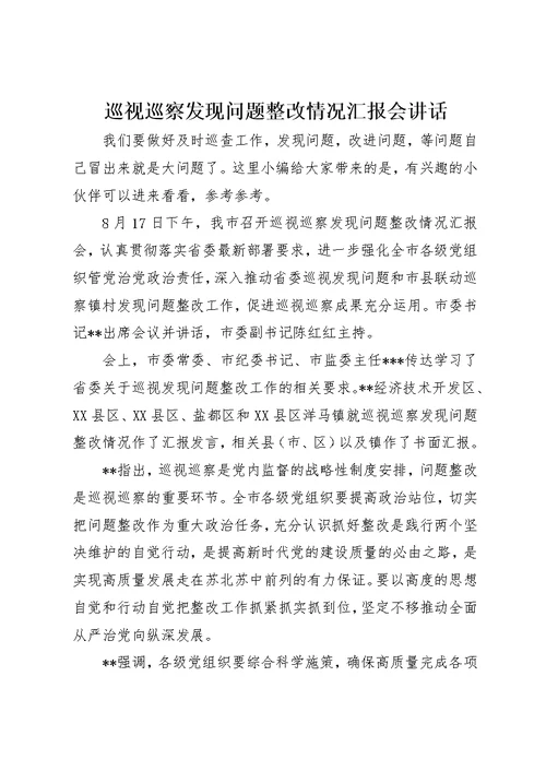 巡视巡察发现问题整改情况汇报会致辞