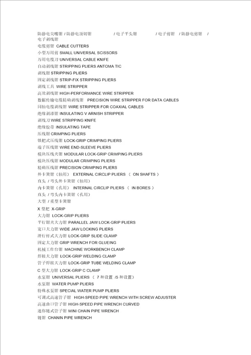 五金工具产品中英文对照要点