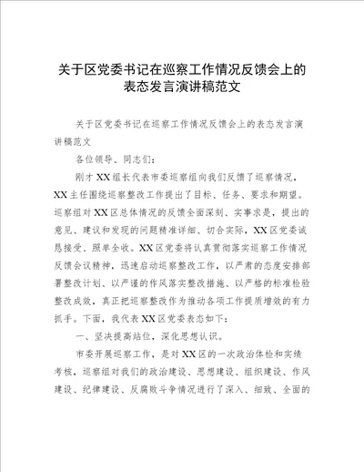 关于区党委书记在巡察工作情况反馈会上的表态发言演讲稿范文