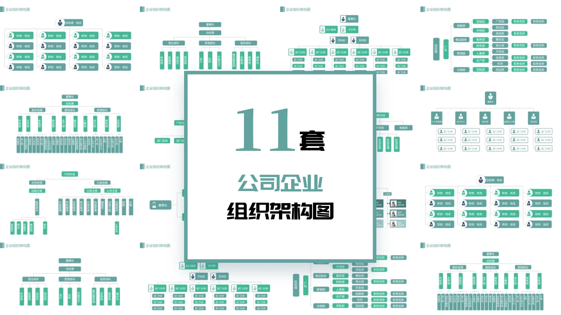 绿色简约风11套公司企业组织结构架构图PPT模板组织架构图表