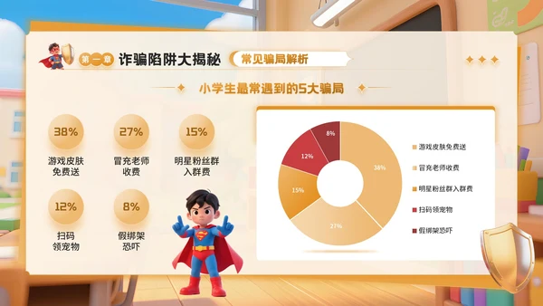 橙色3D卡通风反诈主题班会PPT模板
