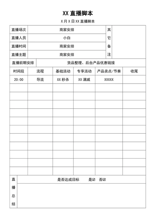 淘宝某音电商带货直播脚本表格模板