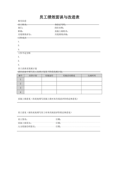 员工绩效面谈与改进表