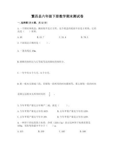 繁昌县六年级下册数学期末测试卷精选答案.docx