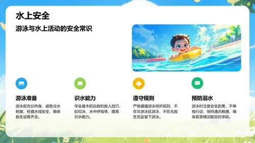蓝色插画风中小学生暑假安全指导PPT模板