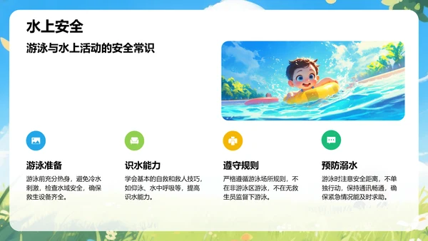 蓝色插画风中小学生暑假安全指导PPT模板