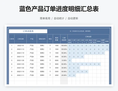 蓝色产品订单进度明细汇总表