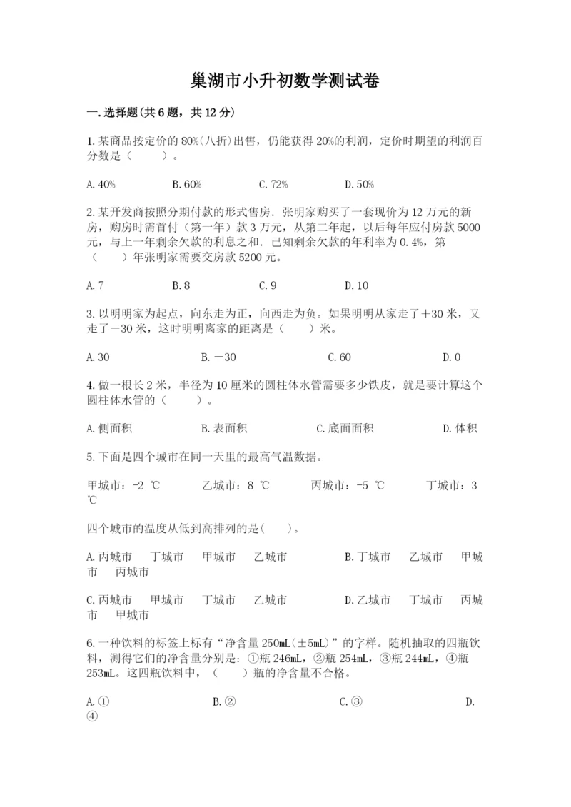 巢湖市小升初数学测试卷带答案.docx