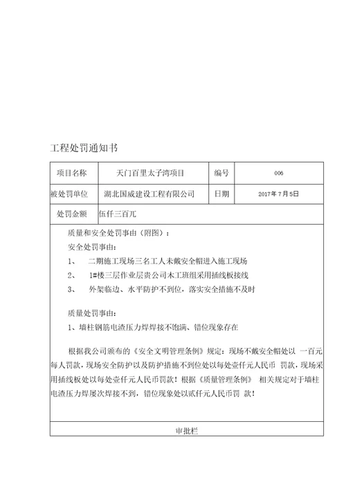 工程施工罚款单