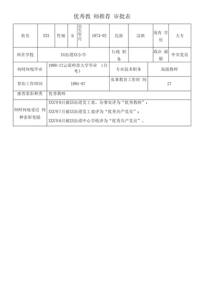 优秀教师推荐审批表