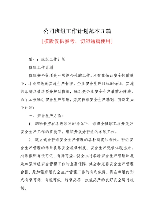公司班组工作计划范本3篇(共16页)