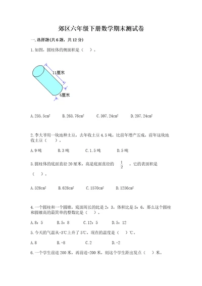 郊区六年级下册数学期末测试卷完整答案