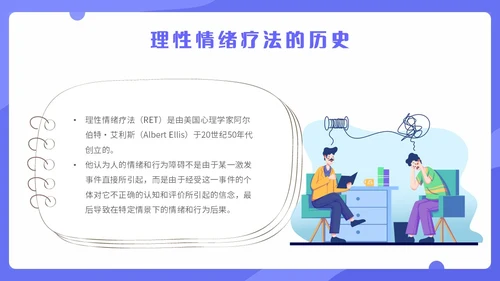蓝色扁平化插画理性情绪疗法心理健康主题PPT模板合理情绪疗法