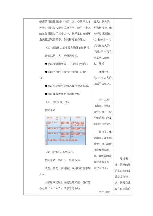 人教版八年级生物下册第八单元第二章用药与急救教案（表格式）